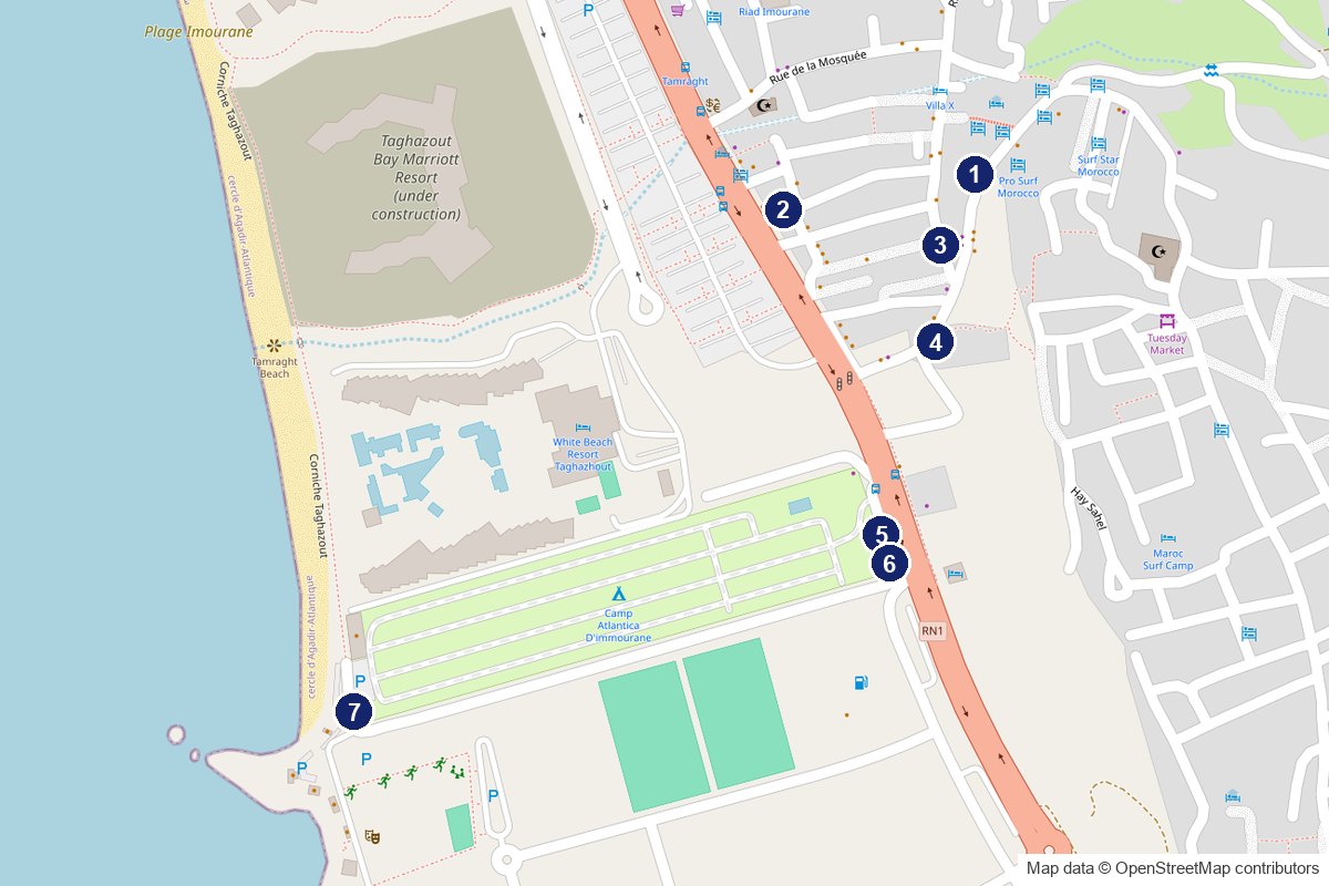 Map of the seven ATMs in Tamraght, numbered 1 to 7, along the main road, Rue de la Jeunesse and the corniche